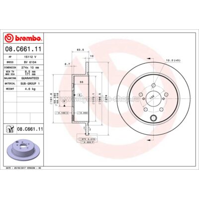 BREMBO 08.C661.11 Диск задний для SUBARU Impreza I Forester I XV I 274x10mm BREMBO 08.C661.11 Диск задний для SUBARU Impreza I Forester I XV I 274x10mm