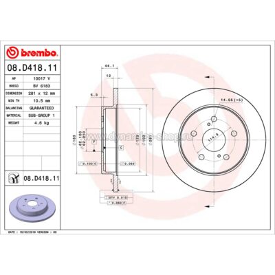 BREMBO 08.D418.11 Disc rear for TOYOTA Camry I Rav4, LEXUS ES I NX I UX I 281x12mm BREMBO 08.D418.11 Disc rear for TOYOTA Camry I Rav4, LEXUS ES I NX I UX I 281x12mm