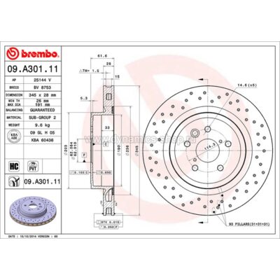 BREMBO 09.A301.11 Тормозной диск задний для LEXUS IS F (USE20) I 345x28mm BREMBO 09.A301.11 Тормозной диск задний для LEXUS IS F (USE20) I 345x28mm
