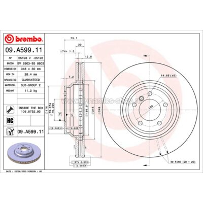 BREMBO 09.A599.11 Тормозной диск передний для BMW 3 серии I X1 BREMBO 09.A599.11 Тормозной диск передний для BMW 3 серии I X1