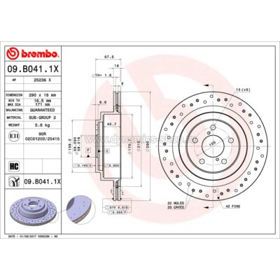 BREMBO 09.B041.1X Тормозной диск Xtra задний для SUBARU Impreza WRX I Legacy I Outback I 290x18mm BREMBO 09.B041.1X Тормозной диск Xtra задний для SUBARU Impreza WRX I Legacy I Outback I 290x18mm