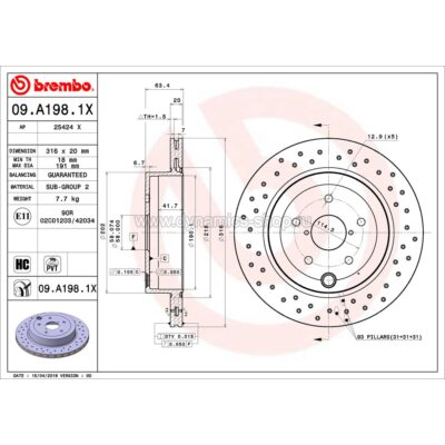 BREMBO 09.A198.1X Disc rear for SUBARU Impreza STI (GRB I GRF I GVF) I 5x114.3 I 316x20mm BREMBO 09.A198.1X Disc rear for SUBARU Impreza STI (GRB I GRF I GVF) I 5x114.3 I 316x20mm